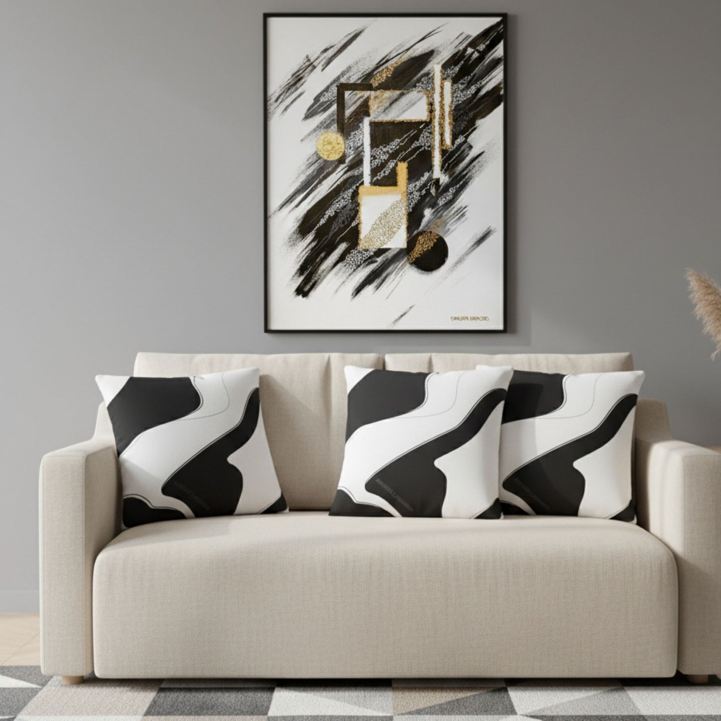 Abstract original painting and white black cushions set for sofa buy online in Lasnordstore.eu