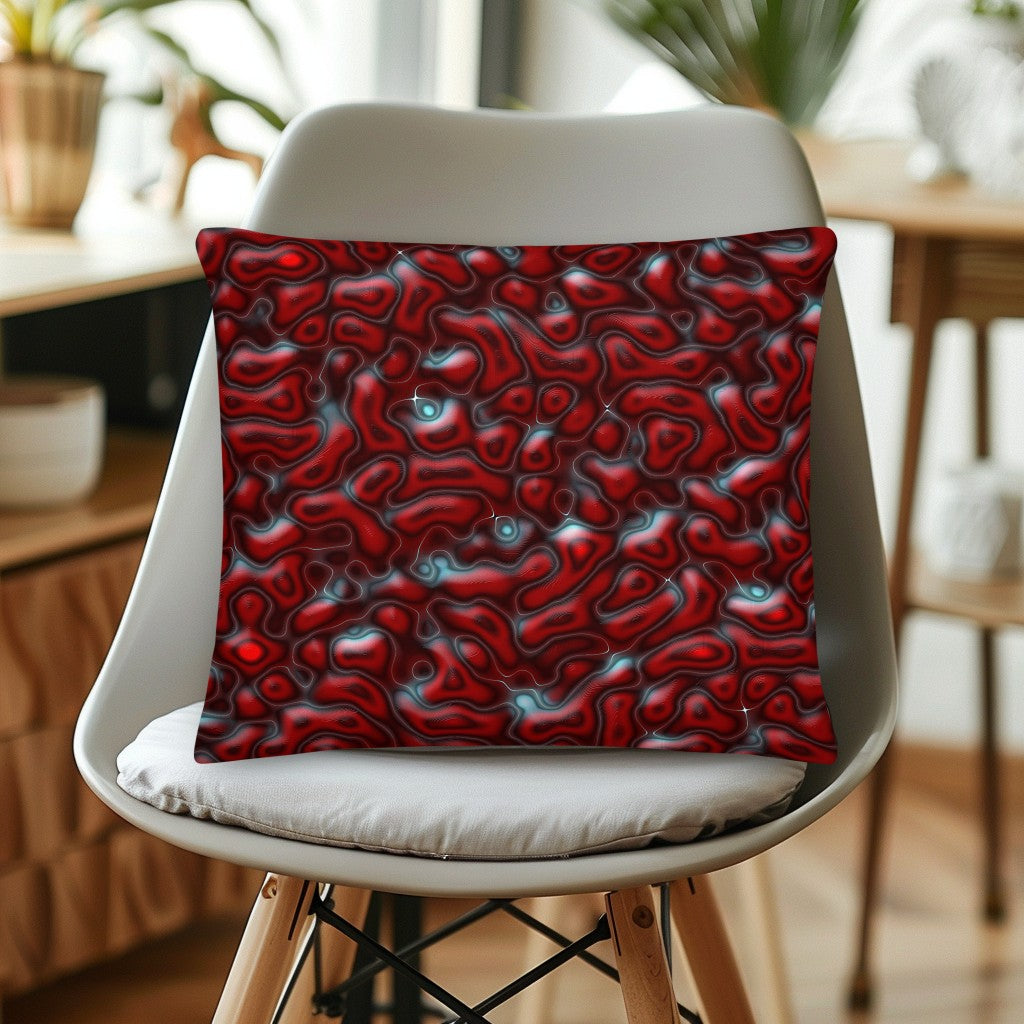 Red abstract patterned designer pillow on a white chair in a room with plants and furniture. Modern house decor
