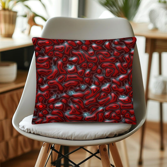 Red abstract patterned designer pillow on a white chair in a room with plants and furniture. Modern house decor