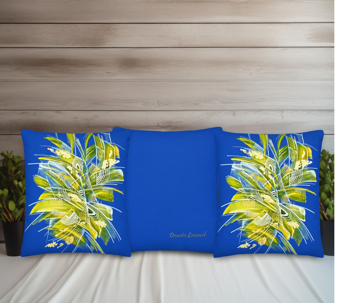 Blue pillows with yellow leaf patterns on a wooden background. Decorative Cushions for livingroom 