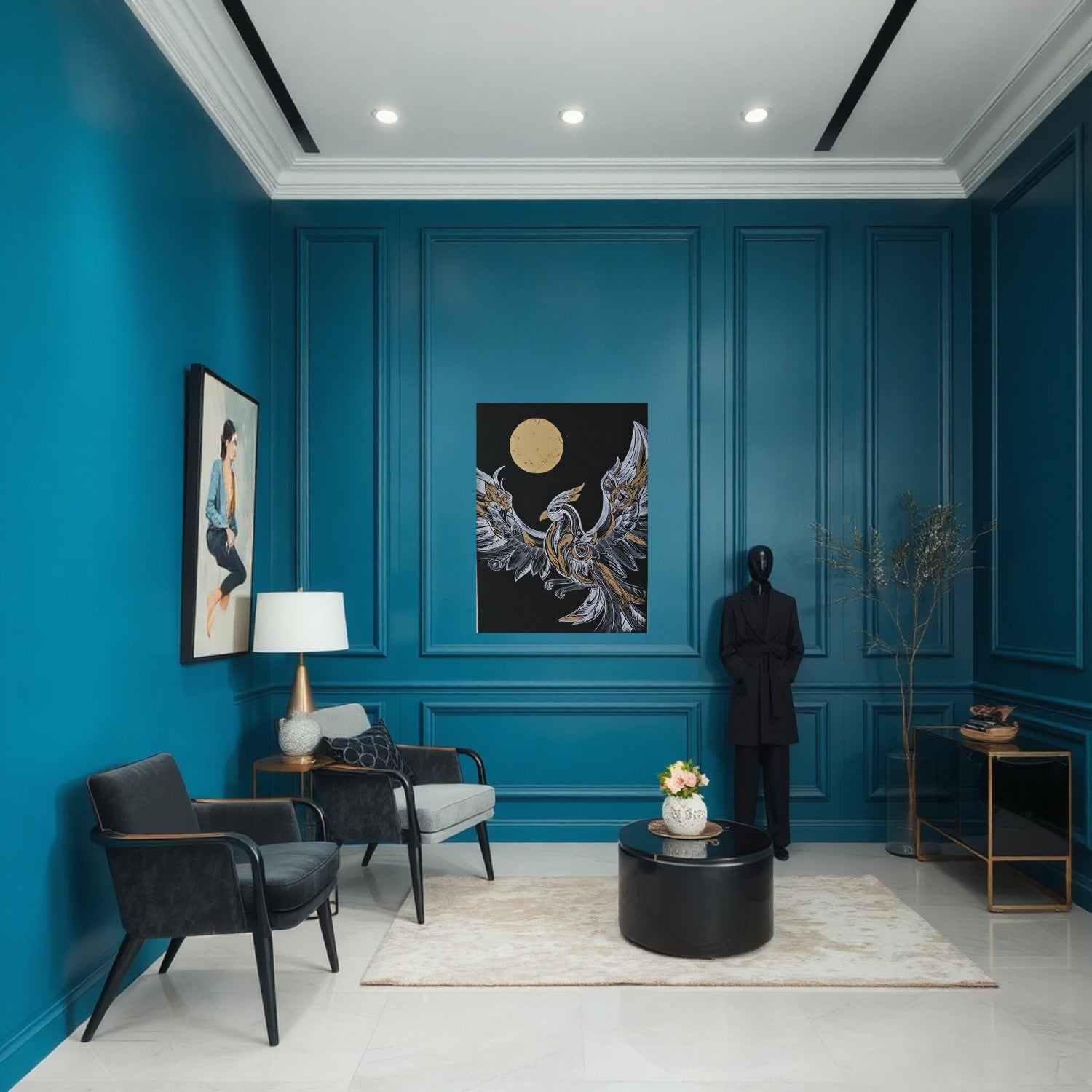 Blue intrerior with black painting. Modern art home