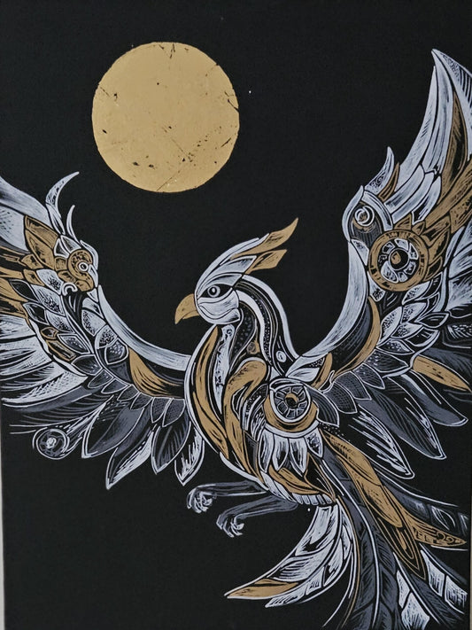A black and gold abstract acrylic painting on canvas depicting a stylized bird or phoenix with outstretched wings against a dark background with a golden moon.