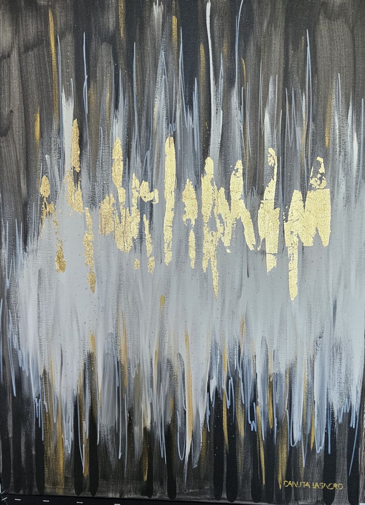An abstract acrylic painting featuring bold black abstraction with elegant gold touches.