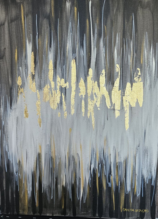 An abstract acrylic painting featuring bold black abstraction with elegant gold touches.