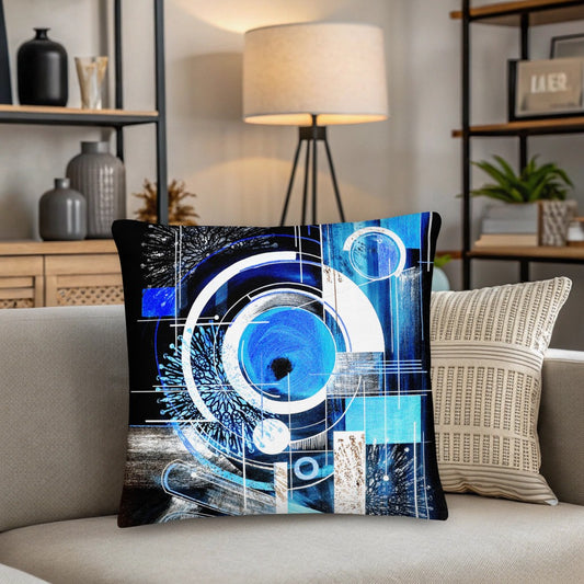 Bright Decorative pillow with abstract blue design on a couch in a living room setting. Beautiful cushios for sofa