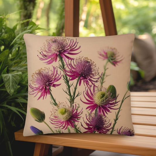 Decorative scandy cushions and throw pillow with floral design on a wooden bench outdoors. Rust designer cushions