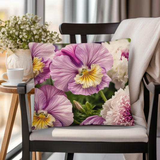 Floral-patterned decorative pillow on a chair with a light background