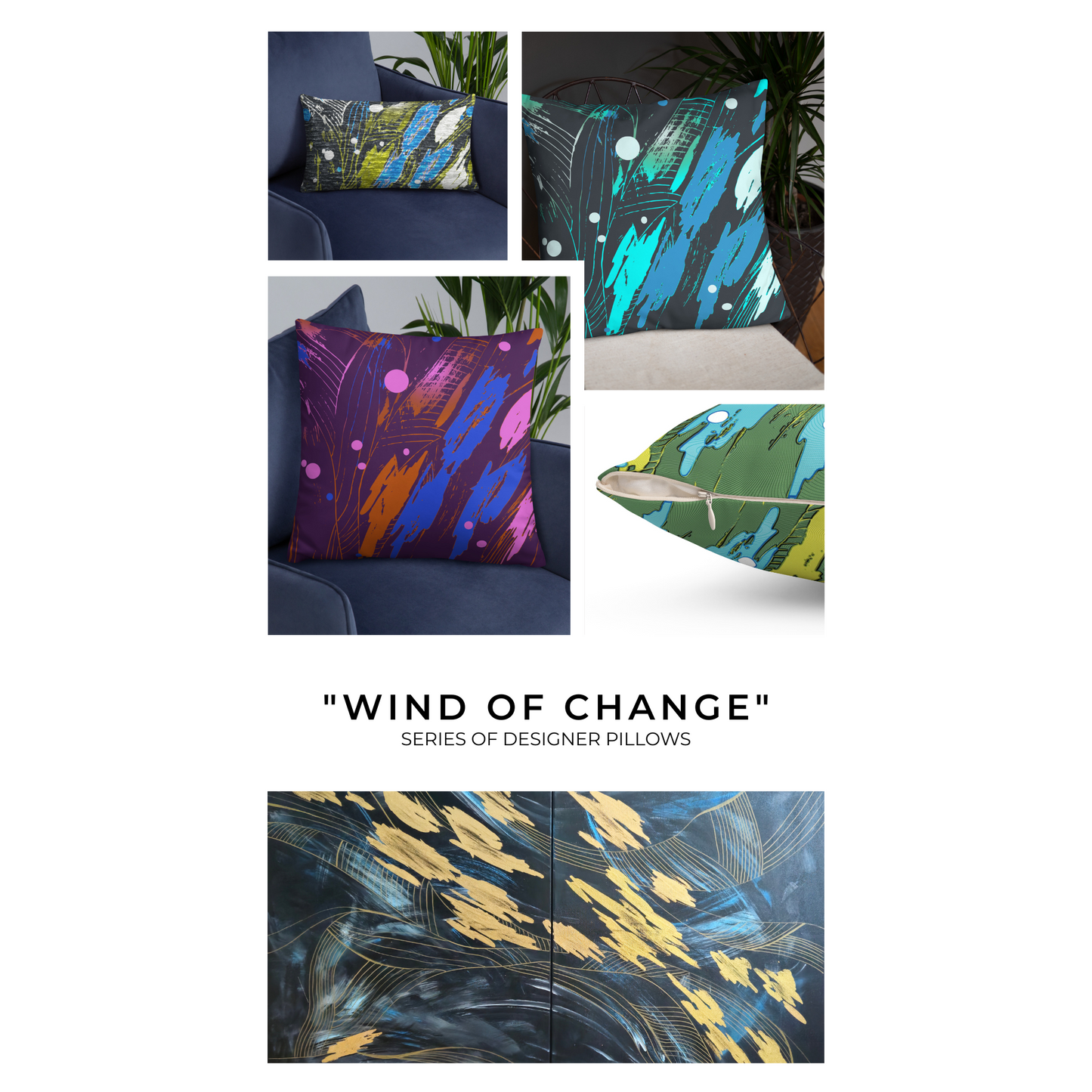 Collage of colorful designer pillows for sofa . 'Wind of Change' series.