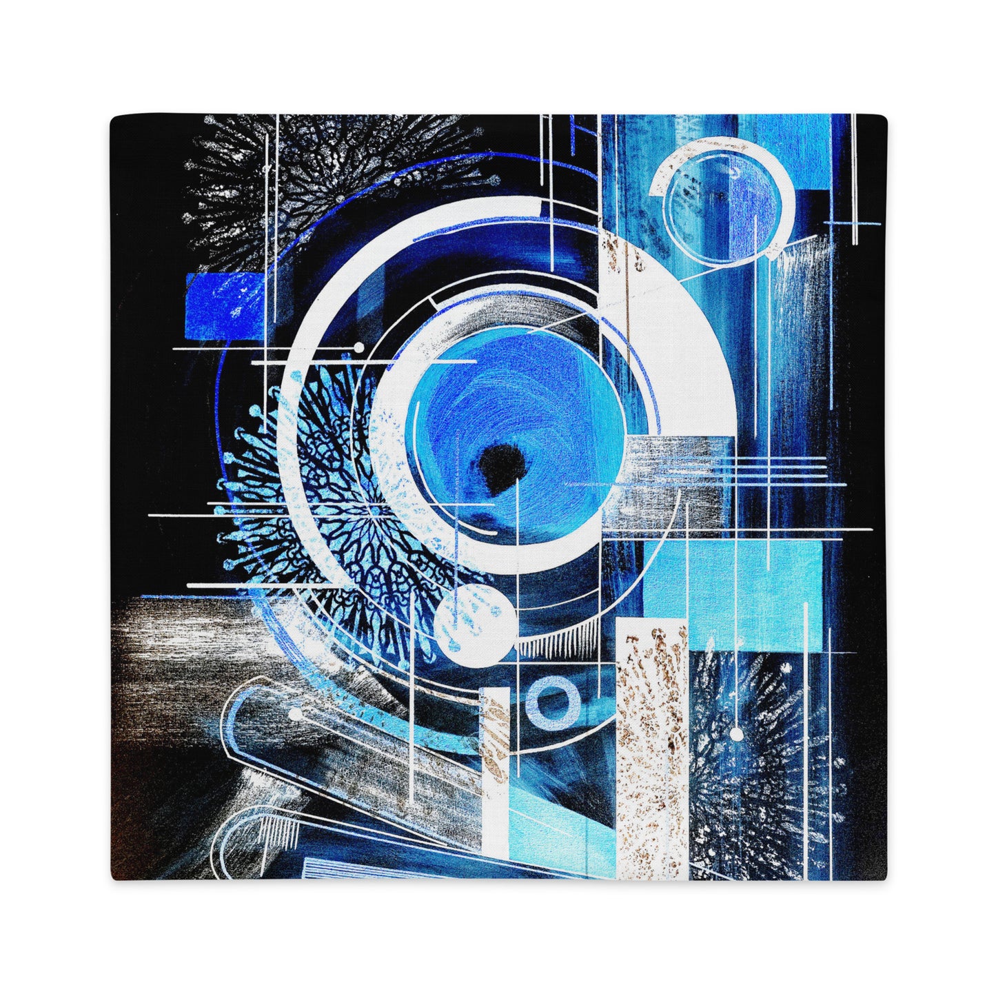 Coussin noir et bleu avec motif graphique abstrait, impression POD
