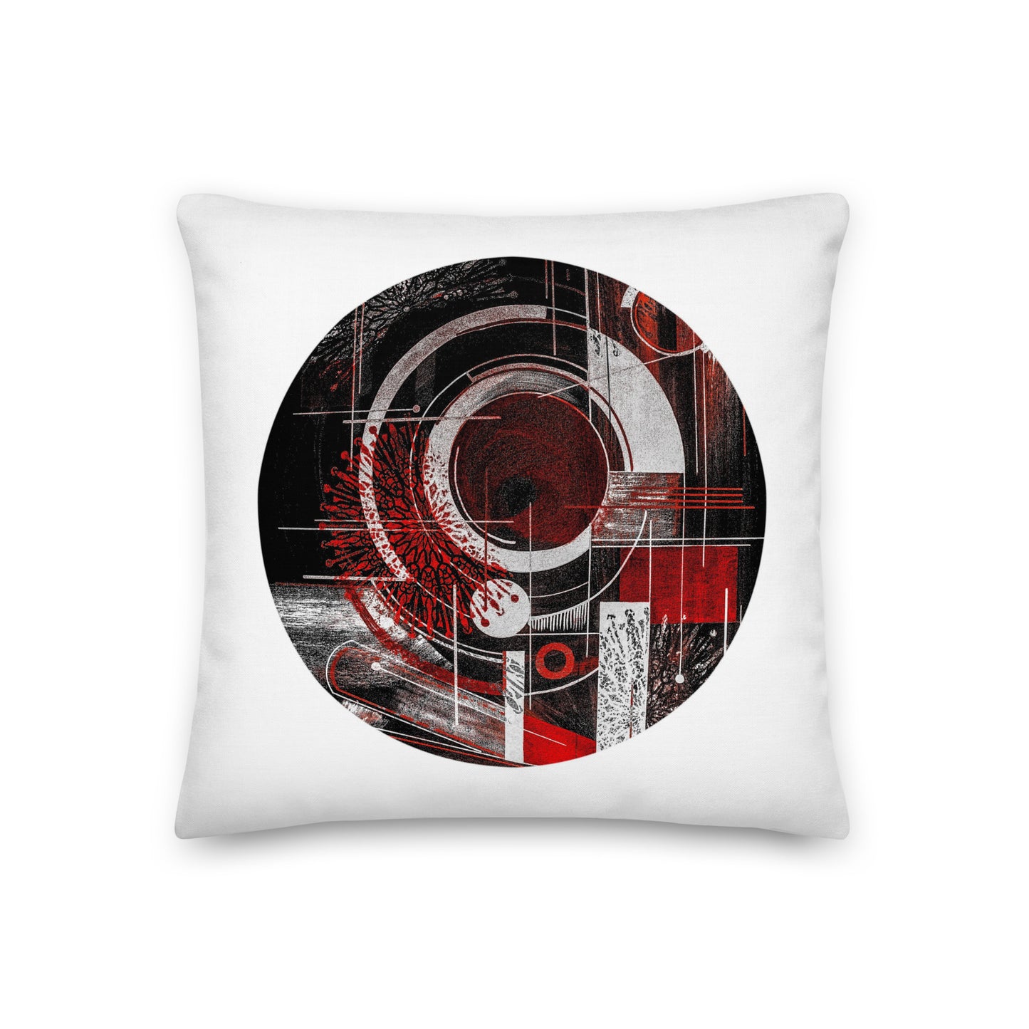 Stylish cushions for cozy home with artistic abstract design. White red black throw pollow