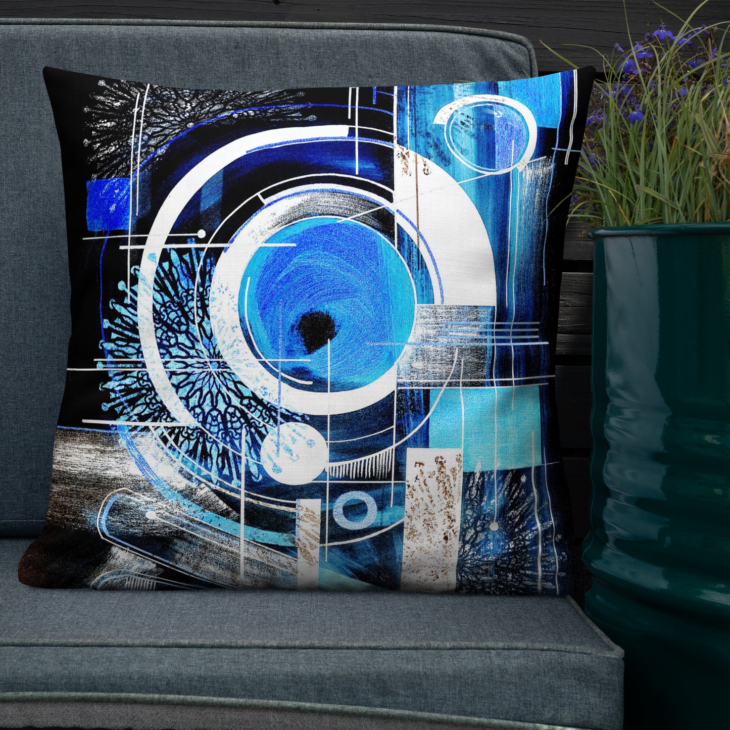 blue black home pillow

artistic pillow case

geometric abstract cushion

unique graphic decor

modern abstract pillow

art print home accessory