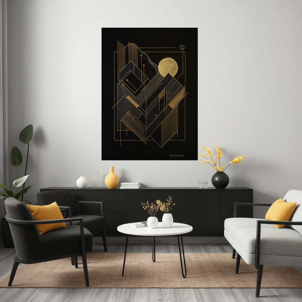 Modern living room with geometric black gold art on the wall, black and white furniture, and decorative elements.