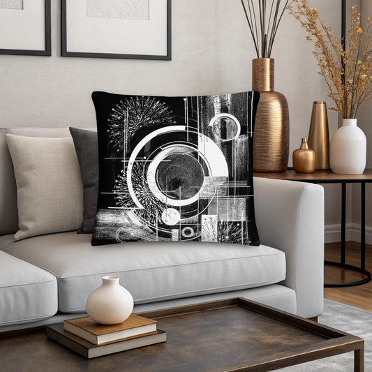 Black Designer Decorative throw pillow with geometric abstract design on a couch in a baige gray living room setting. bolster cushions
