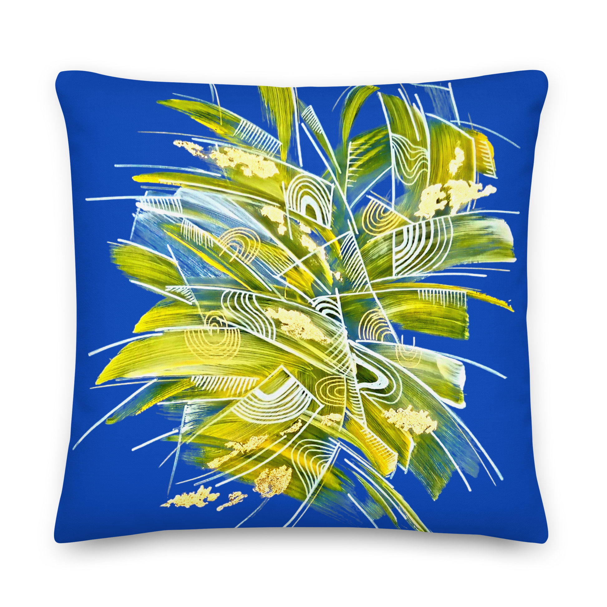 Decorative pillow with yellow abstract print on a blue background. Artistic Accent  cushions UK