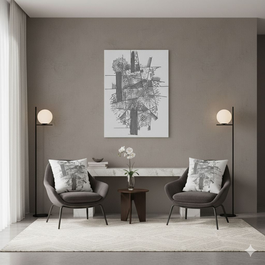 Modern living room with two gray chairs, a small table, and abstract printed art on a gray wall. Decorative pillows in chirs