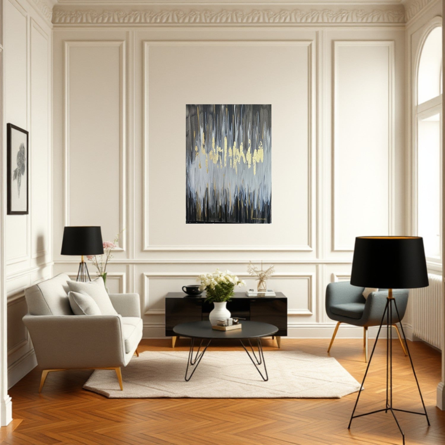Living room with a multicolor painting by Danuta Lasnord  on the wall, sofa, coffee table, and chairs.