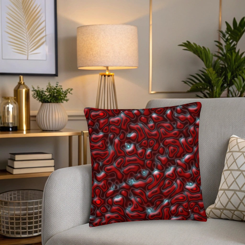 Red textured pillow on a gray sofa in a living room setting with decor elements. Designer high quality cushions for slow life
