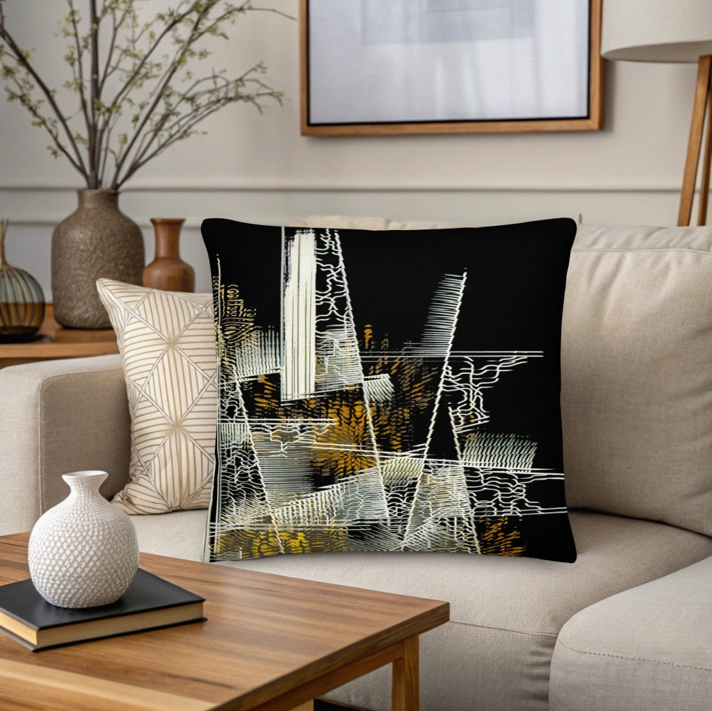 Decorative pillow with cityscape design on a couch in a living room setting. Pillows for decoration on bed
