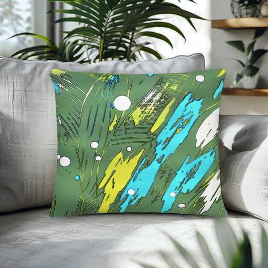 Green designer Decorative throw  pillow with abstract design on a couch. pretty cushions for livingroom